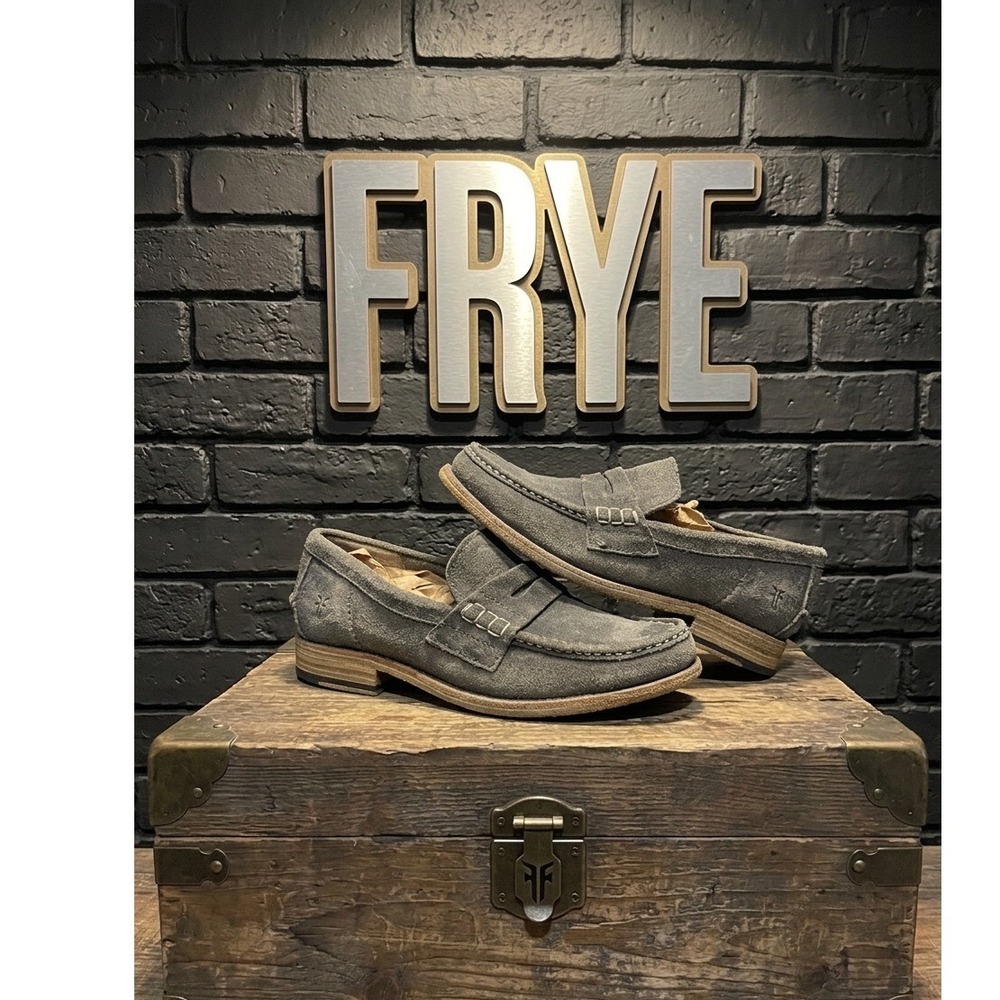 🔥Frye Mens 🤑Lewis Penny Loafer‎ Grey 🎱Suede Leather Moc Toe Shoes  Size 9